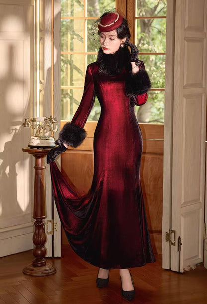 Women's Vintage Velvet Qipao Cheongsam Dress – Burgundy Mermaid – additional product view
