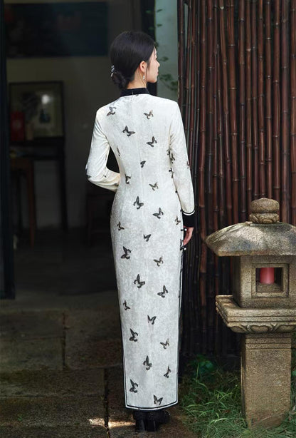 Women's White Vintage Velvet Qipao Cheongsam Dress – additional product view