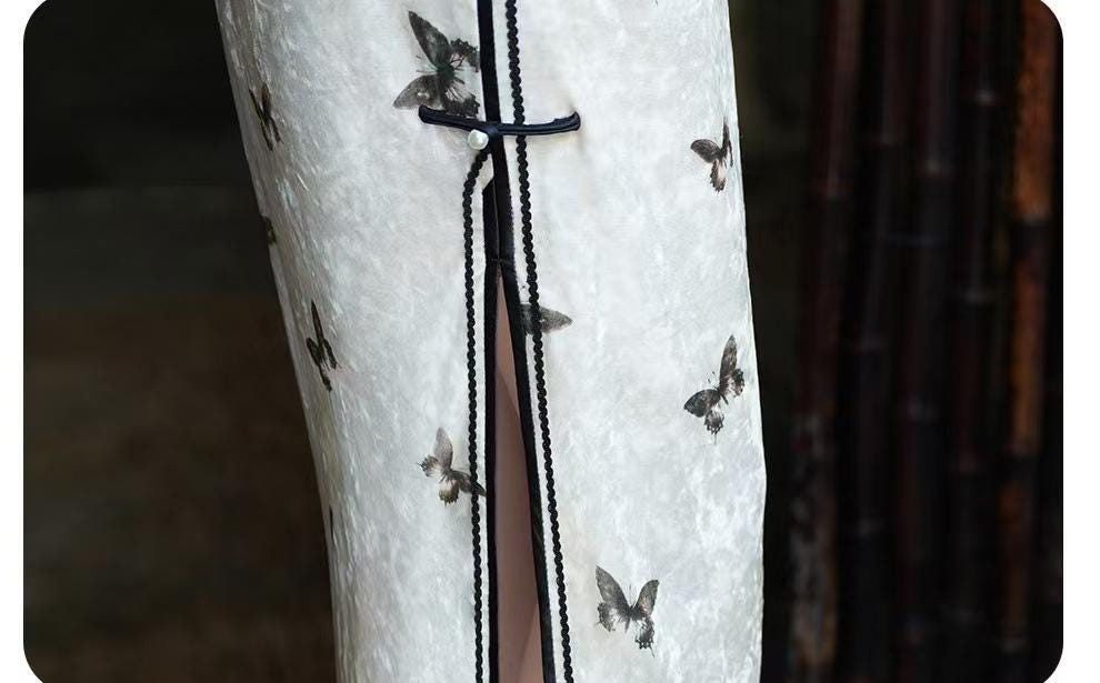 Women's White Vintage Velvet Qipao Cheongsam Dress – additional product view