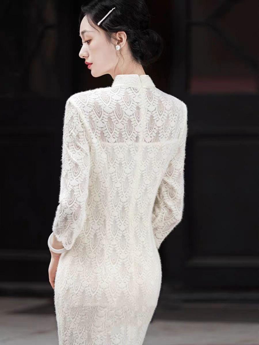 Women's White Vintage Lace Qipao Cheongsam Dress – additional product view