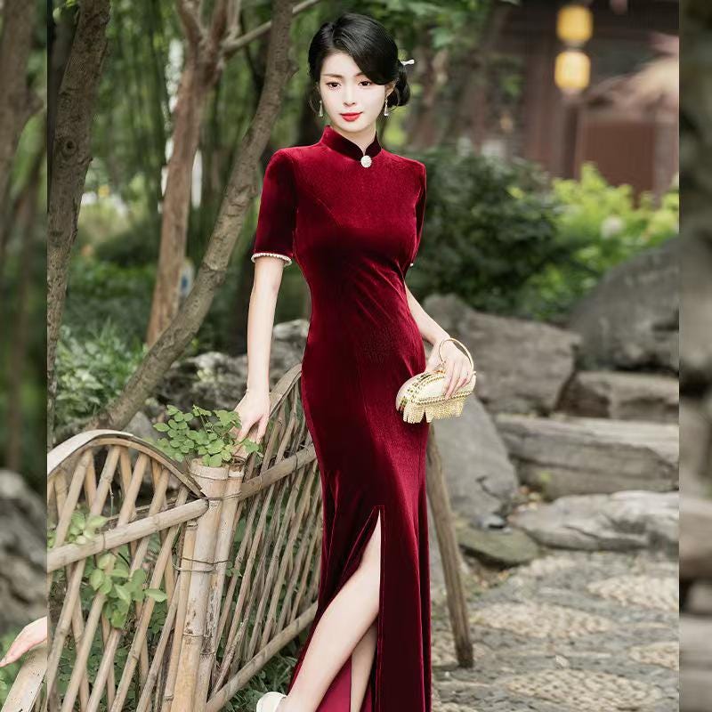 Women's Vintage Velvet Qipao Cheongsam Dress