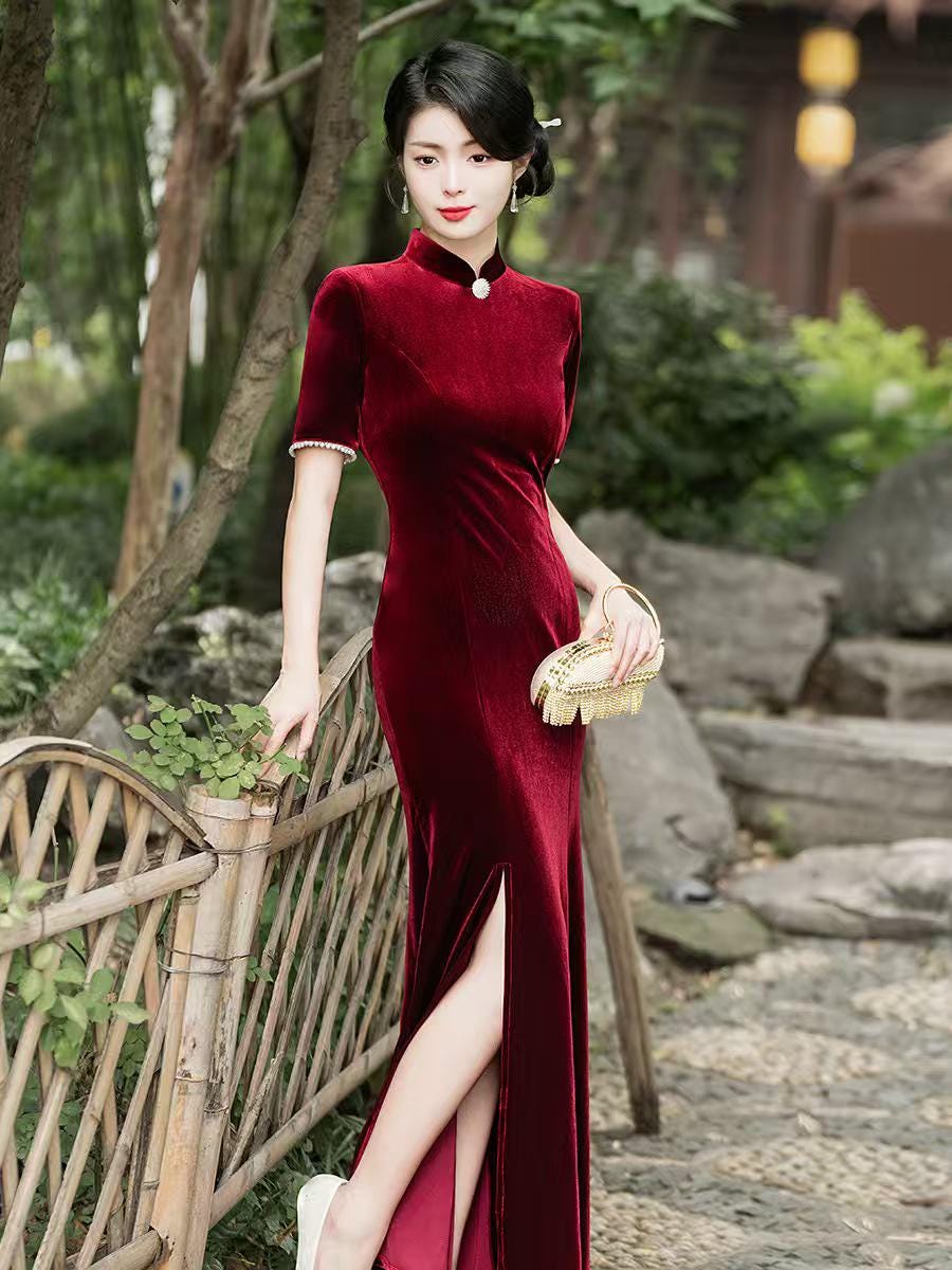 Women's Vintage Velvet Qipao Cheongsam Dress – additional product view