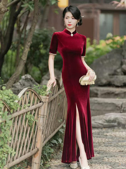 Women's Vintage Velvet Qipao Cheongsam Dress – additional product view