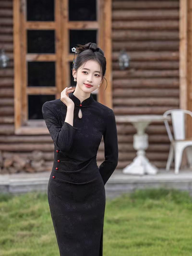 Women's Black Vintage Qipao Cheongsam Dress – Winter – additional product view