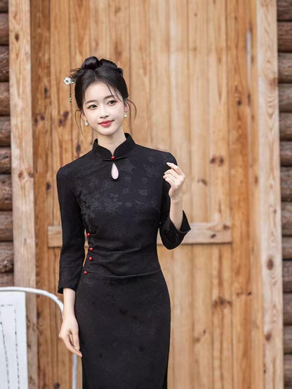 Women's Black Vintage Qipao Cheongsam Dress – Winter – additional product view