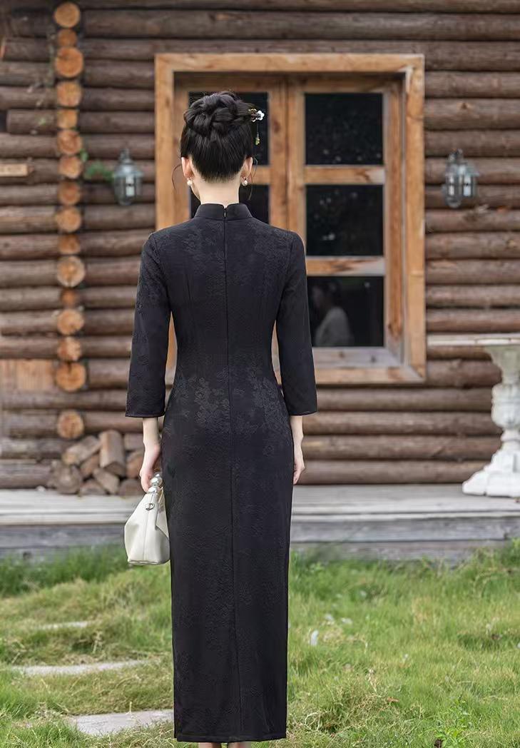 Women's Black Vintage Qipao Cheongsam Dress – Winter – additional product view