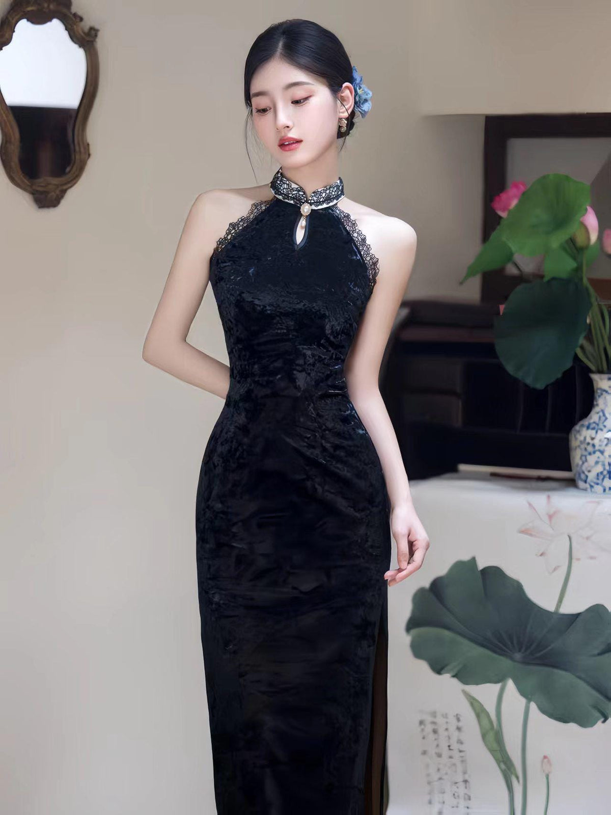 Women's Elegant Velvet Qipao Cheongsam Dress