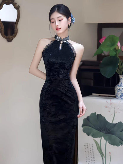 Women's Elegant Velvet Qipao Cheongsam Dress