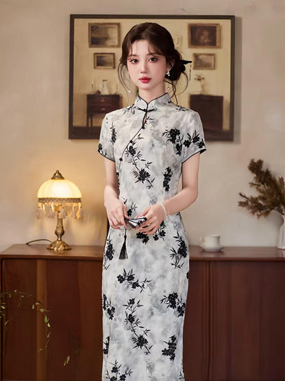 Women's Floral Qipao Cheongsam Dress – Jacquard Mandarin Collar – additional product view
