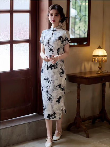 Women's Floral Qipao Cheongsam Dress – Jacquard Mandarin Collar – additional product view