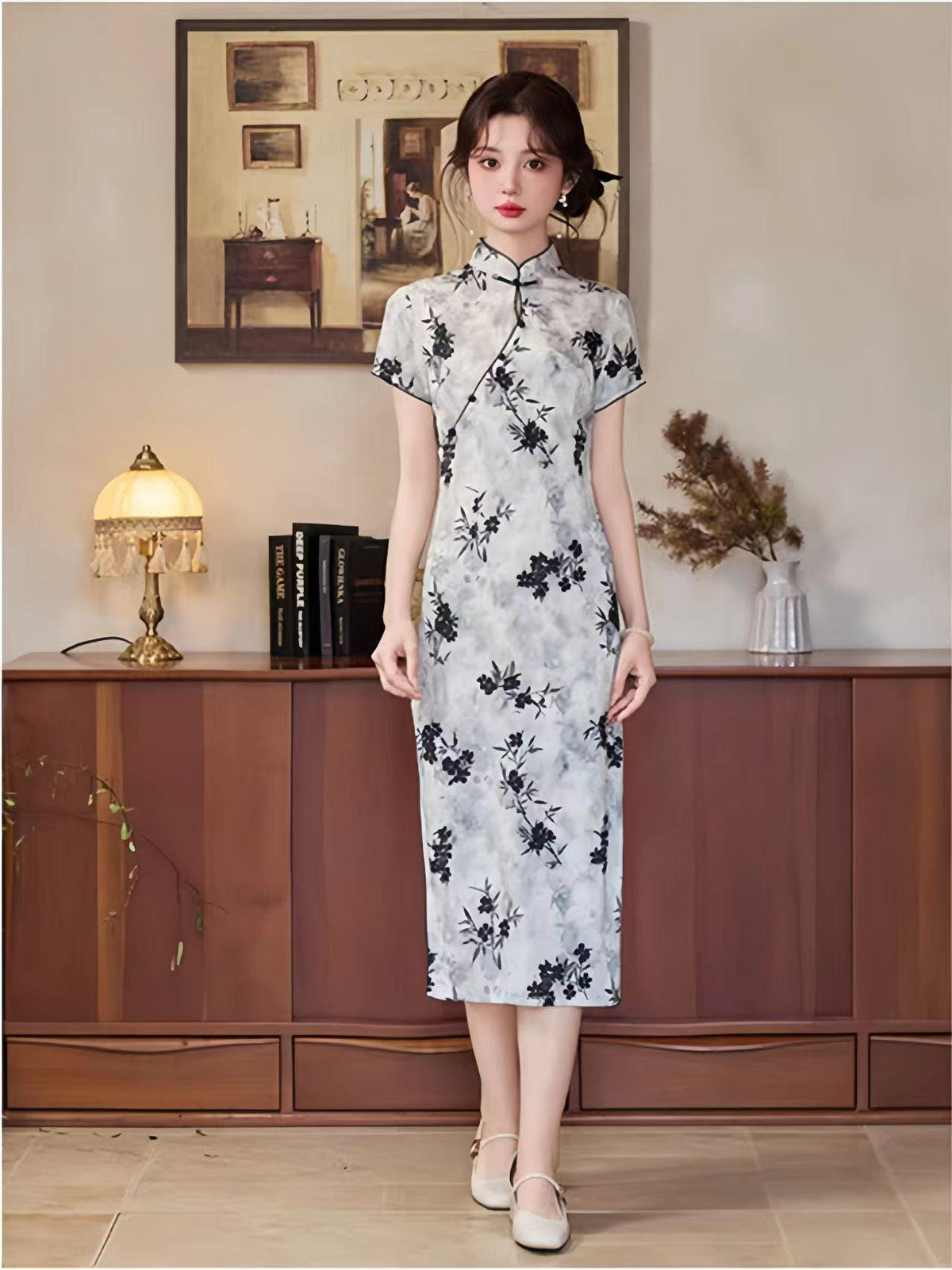 Women's Floral Qipao Cheongsam Dress – Jacquard Mandarin Collar – additional product view