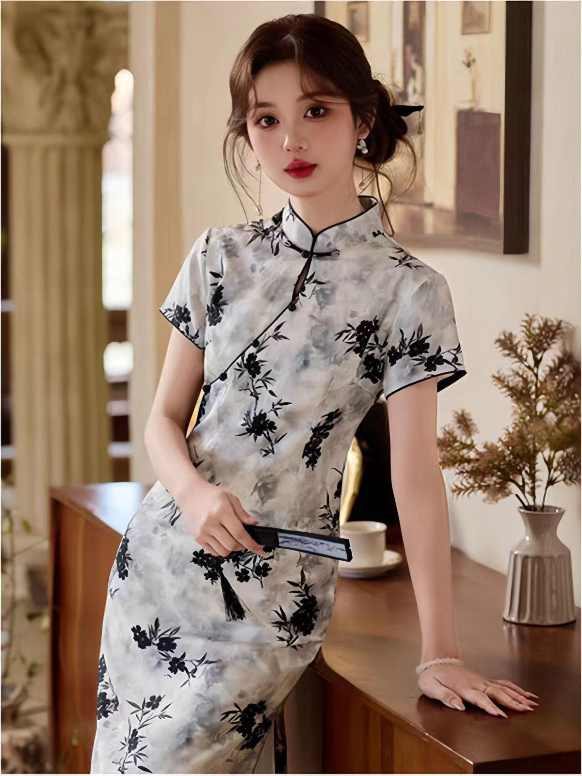 Women's Floral Qipao Cheongsam Dress – Jacquard Mandarin Collar
