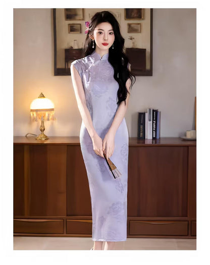 Women's Floral Qipao Cheongsam Dress – Jacquard Mandarin Collar Fitted – additional product view