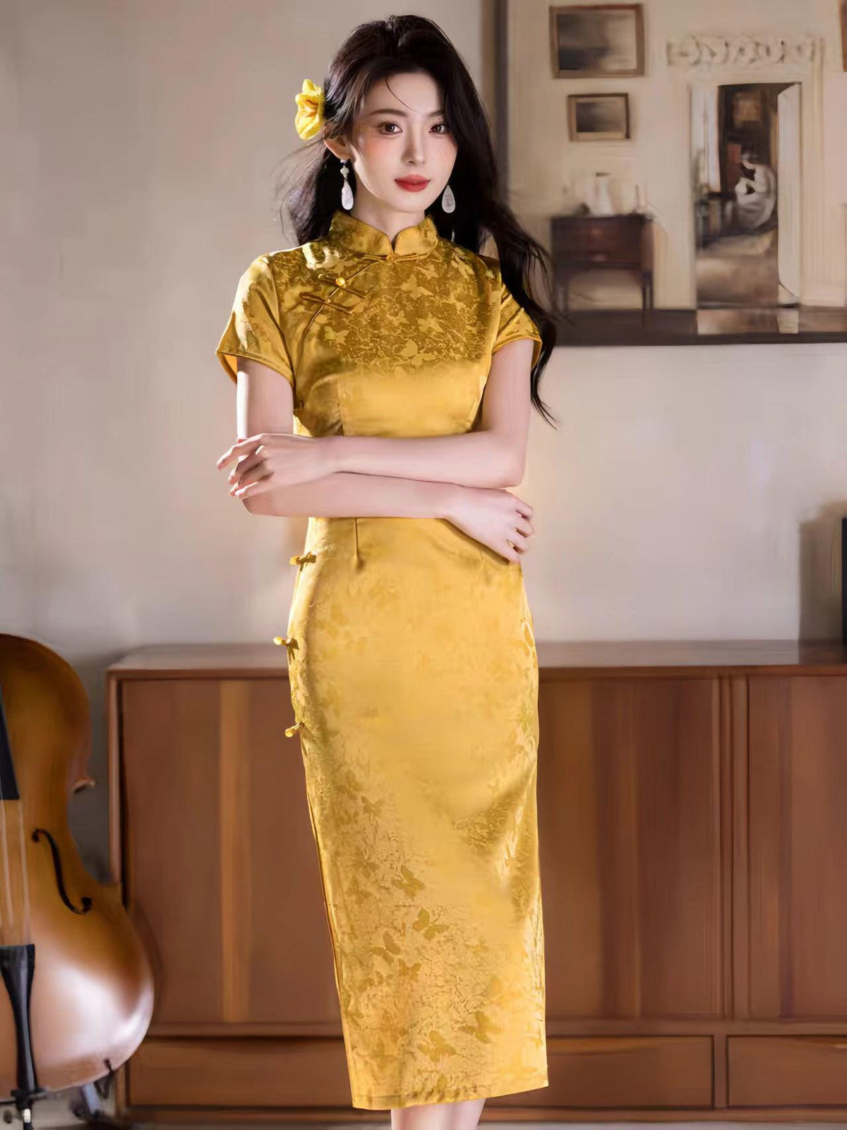 Women's Gold Vintage Qipao Cheongsam Dress