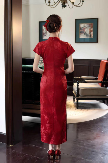 Women's Red Elegant Qipao Cheongsam Dress – Jacquard – additional product view