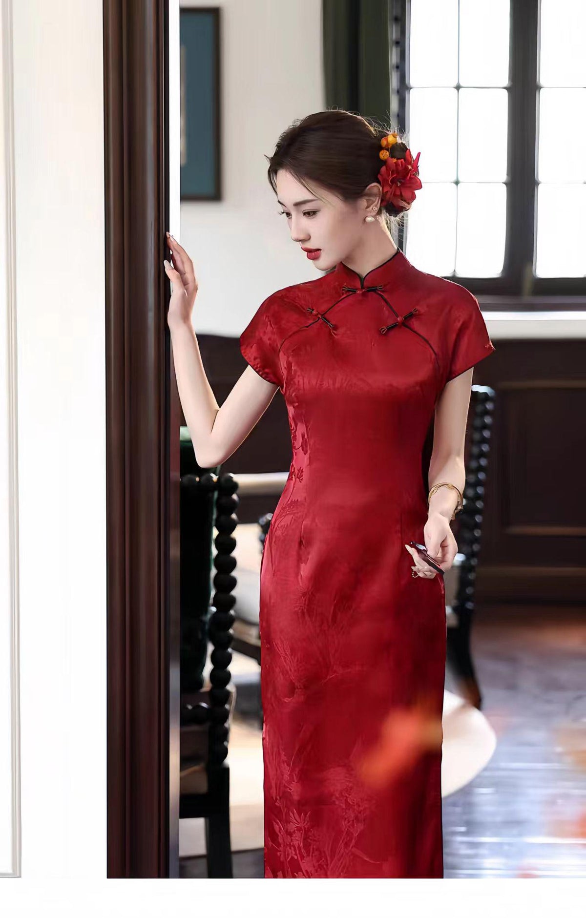 Women's Red Elegant Qipao Cheongsam Dress – Jacquard – additional product view