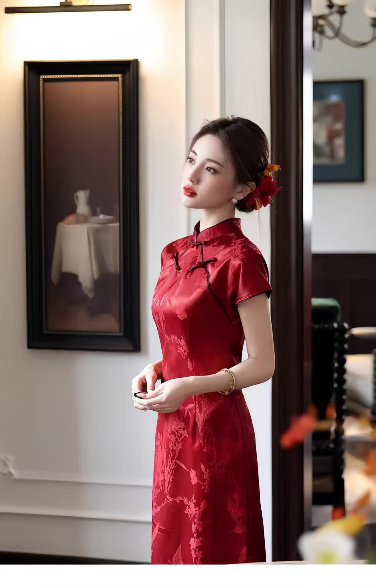 Women's Red Elegant Qipao Cheongsam Dress – Jacquard – additional product view