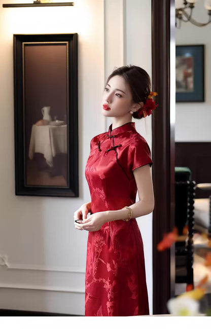 Women's Red Elegant Qipao Cheongsam Dress – Jacquard – additional product view