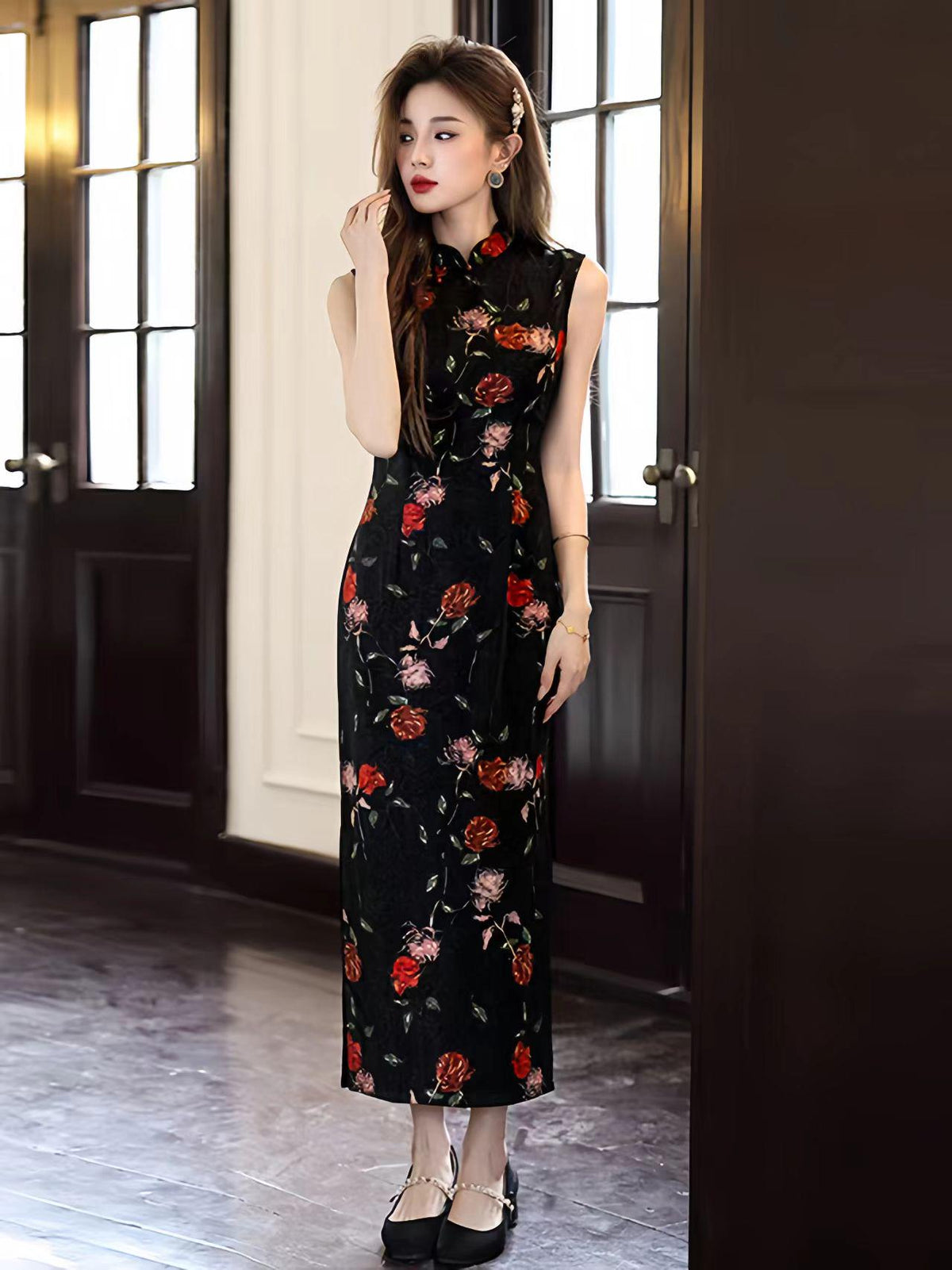 Women's Black Floral Qipao Cheongsam Dress – additional product view