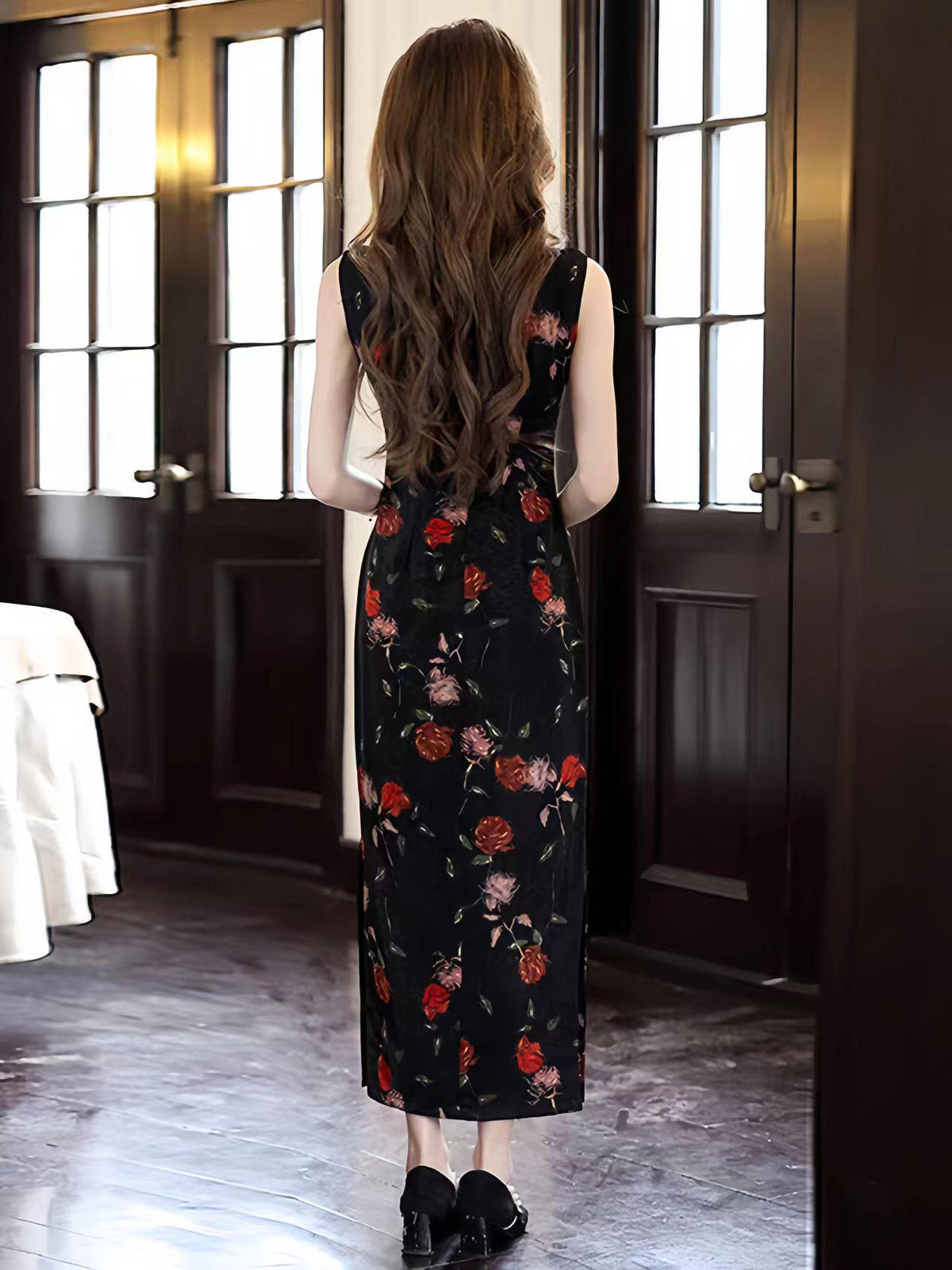 Women's Black Floral Qipao Cheongsam Dress – additional product view