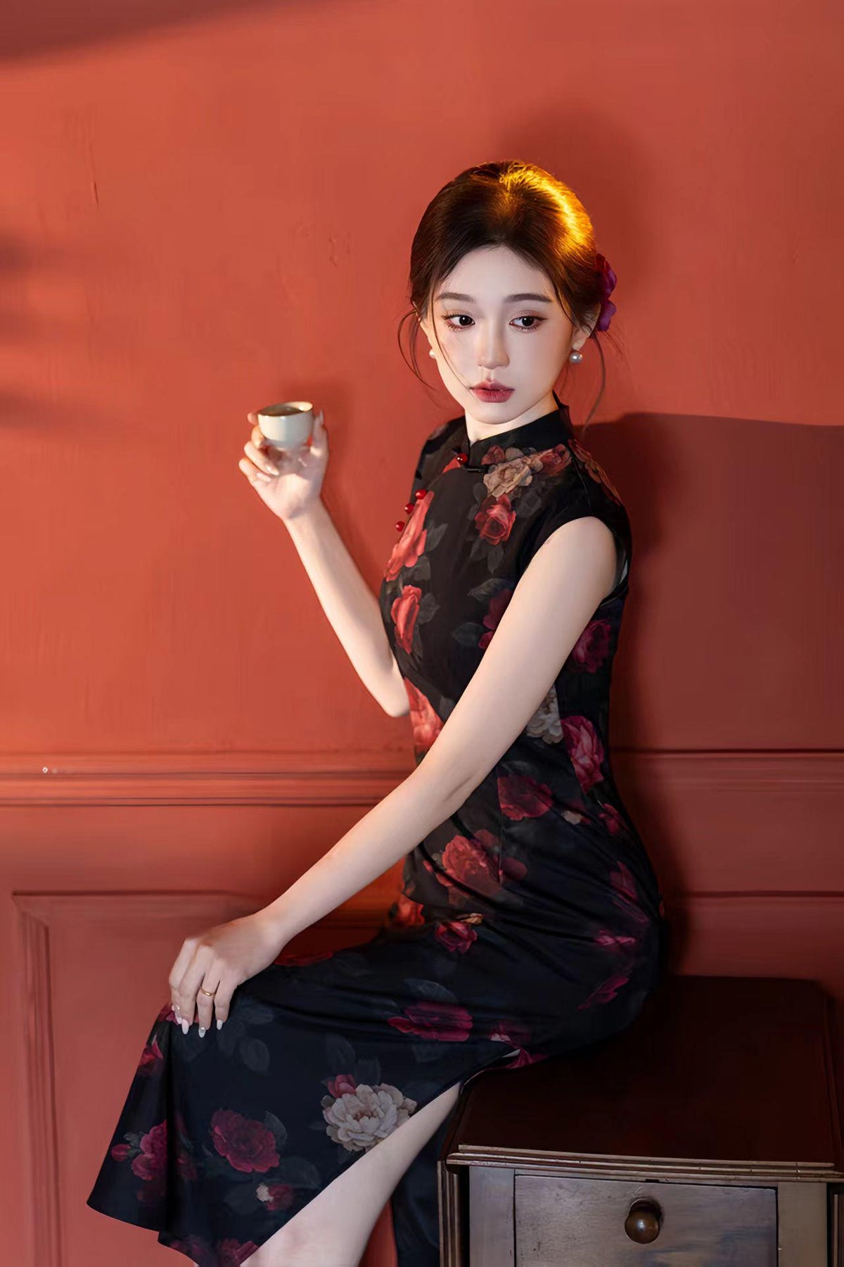Women's Black Floral Mesh Qipao Cheongsam Dress – additional product view