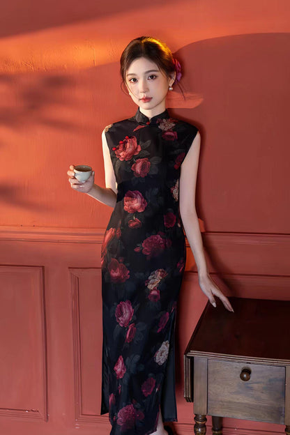 Women's Black Floral Mesh Qipao Cheongsam Dress – additional product view