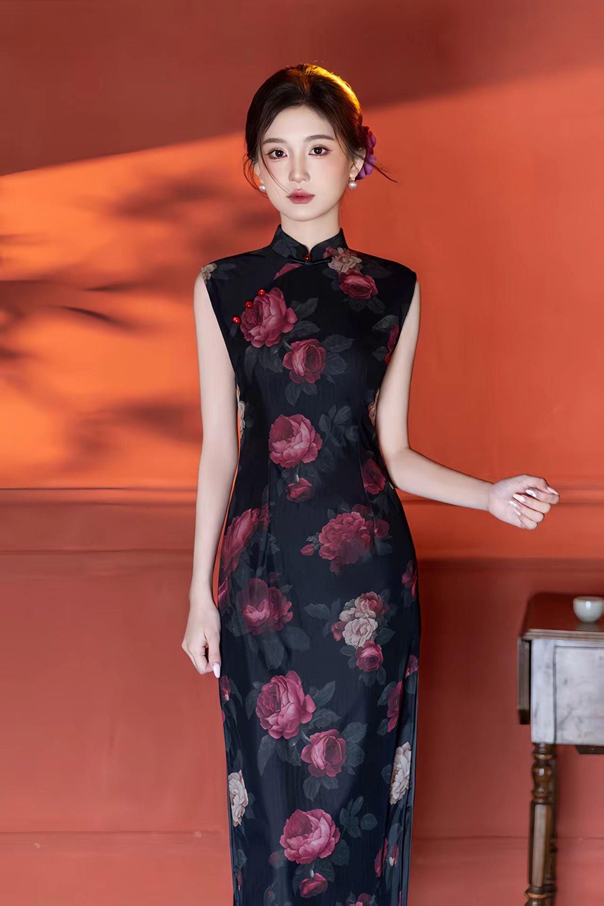 Women's Black Floral Mesh Qipao Cheongsam Dress – additional product view