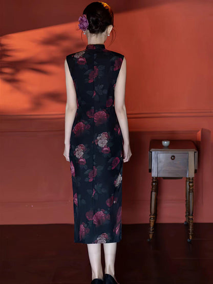 Women's Black Floral Mesh Qipao Cheongsam Dress – additional product view