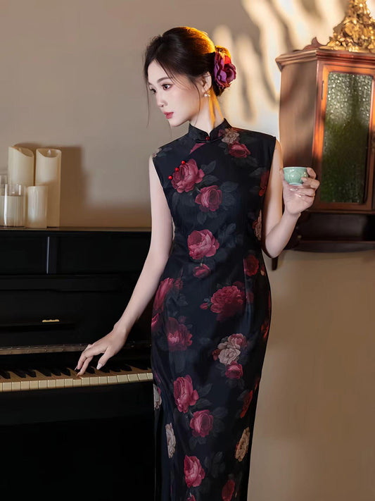 Women's Black Floral Mesh Qipao Cheongsam Dress