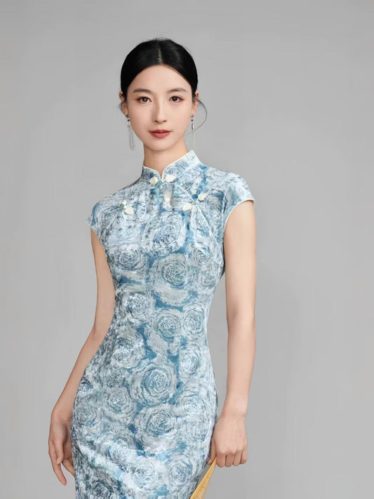 Women's Blue Elegant Velvet Qipao Cheongsam Dress – Printed Midi Fitted