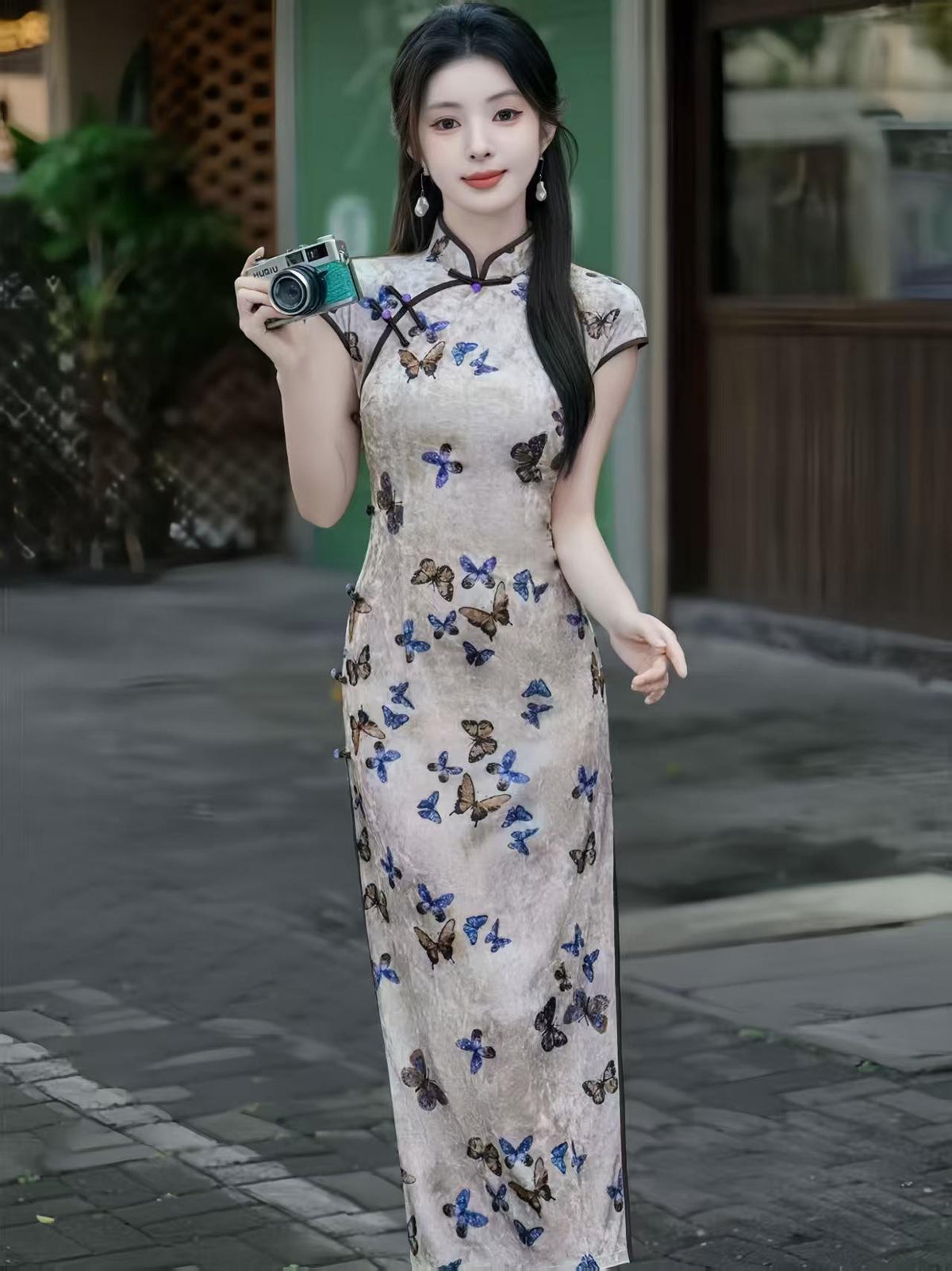 Women's Elegant Velvet Qipao Cheongsam Dress – Butterfly Midi Fitted – additional product view