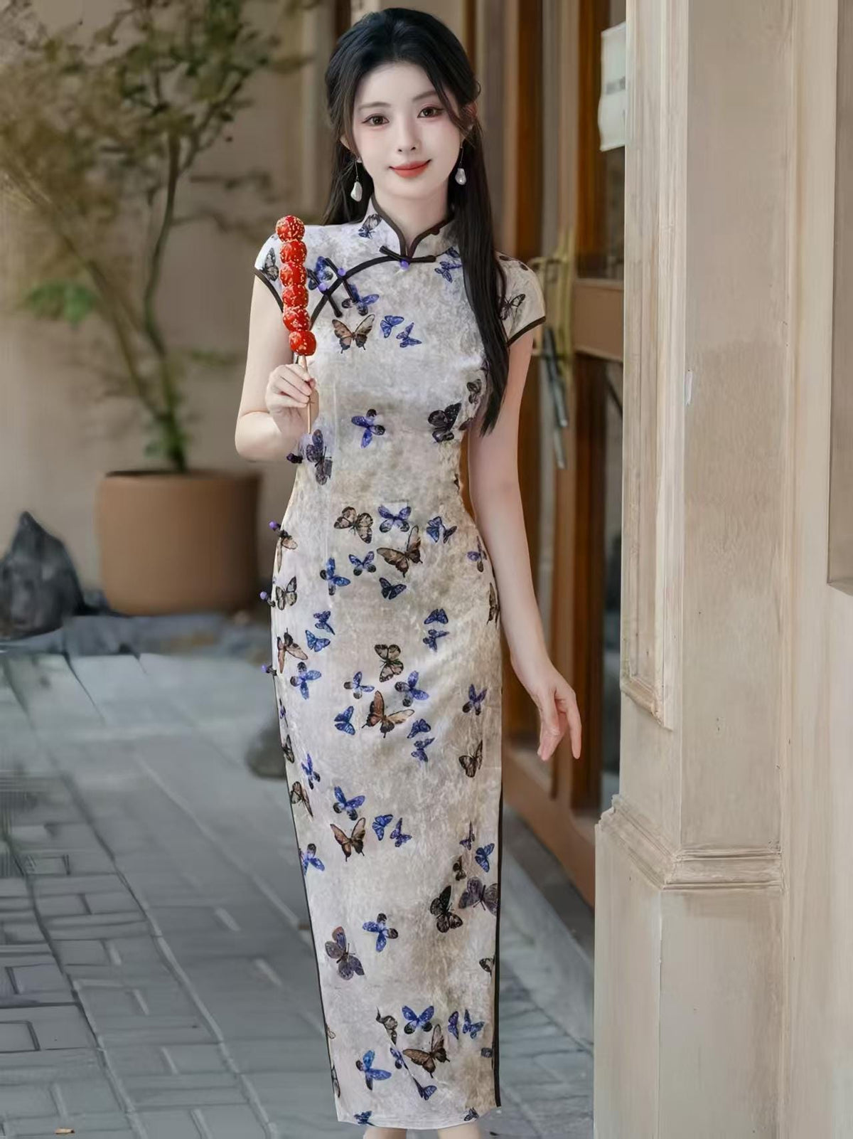 Women's Elegant Velvet Qipao Cheongsam Dress – Butterfly Midi Fitted