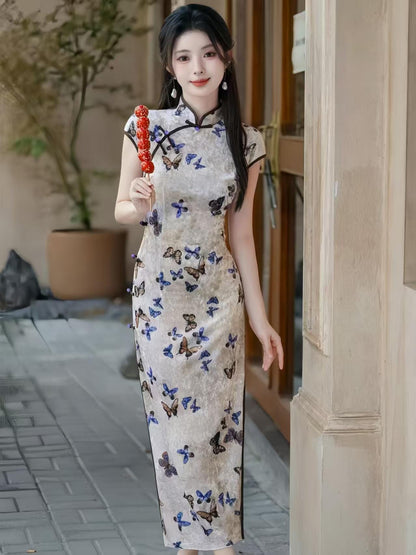 Women's Elegant Velvet Qipao Cheongsam Dress – Butterfly Midi Fitted
