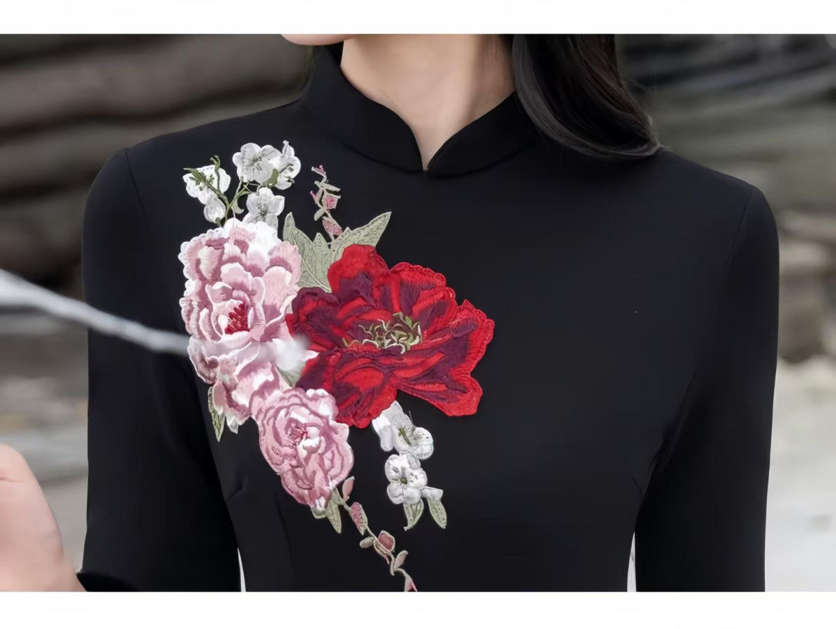 Women's Black Floral Qipao Cheongsam Dress – additional product view