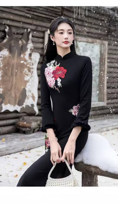 Women's Black Floral Qipao Cheongsam Dress – additional product view
