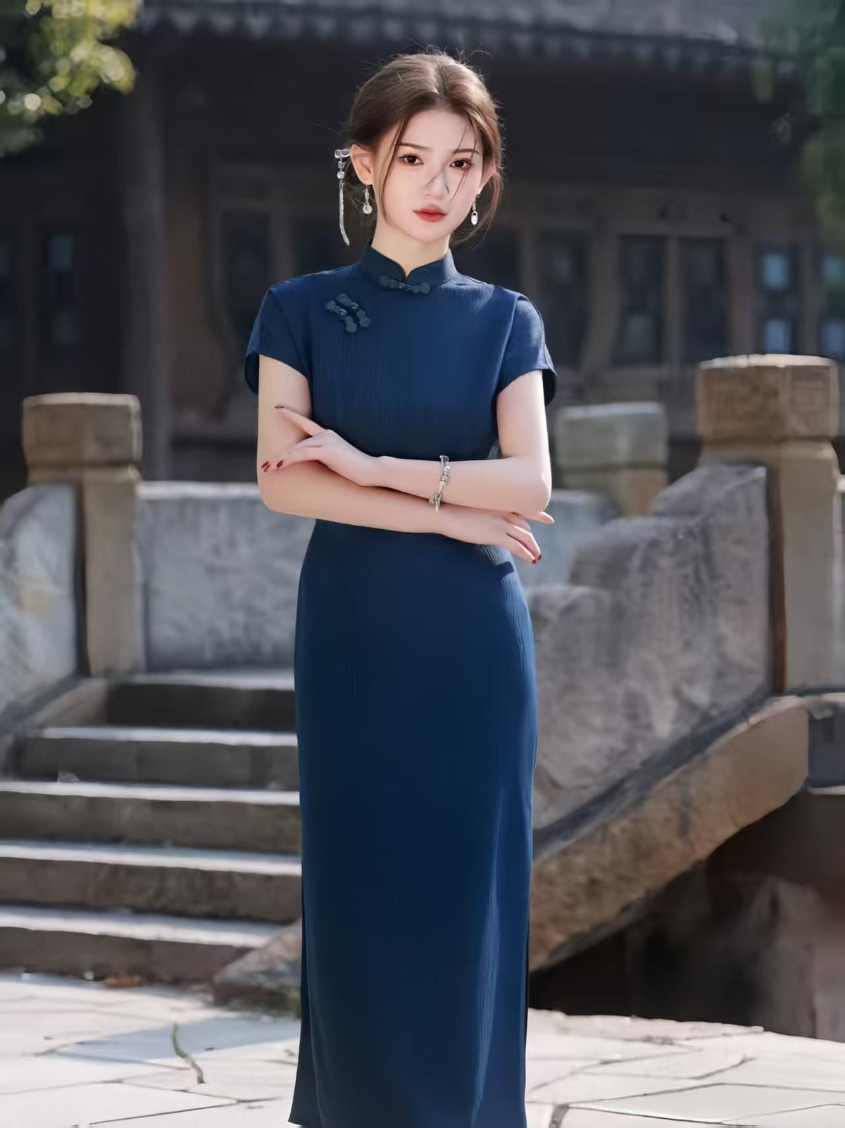 Women's Blue Floral Qipao Cheongsam Dress – additional product view