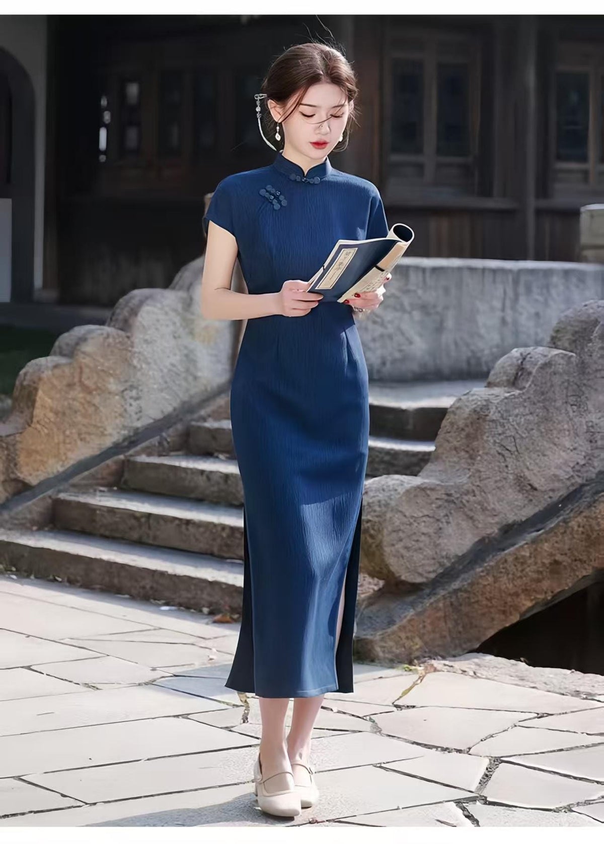 Women's Blue Floral Qipao Cheongsam Dress – additional product view