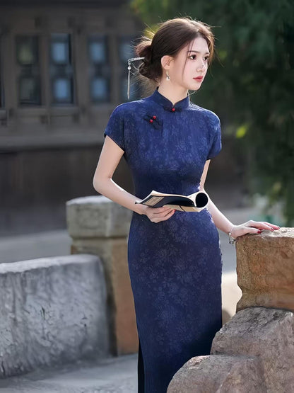 Women's Blue Elegant Qipao Cheongsam Dress – Jacquard Maxi – additional product view