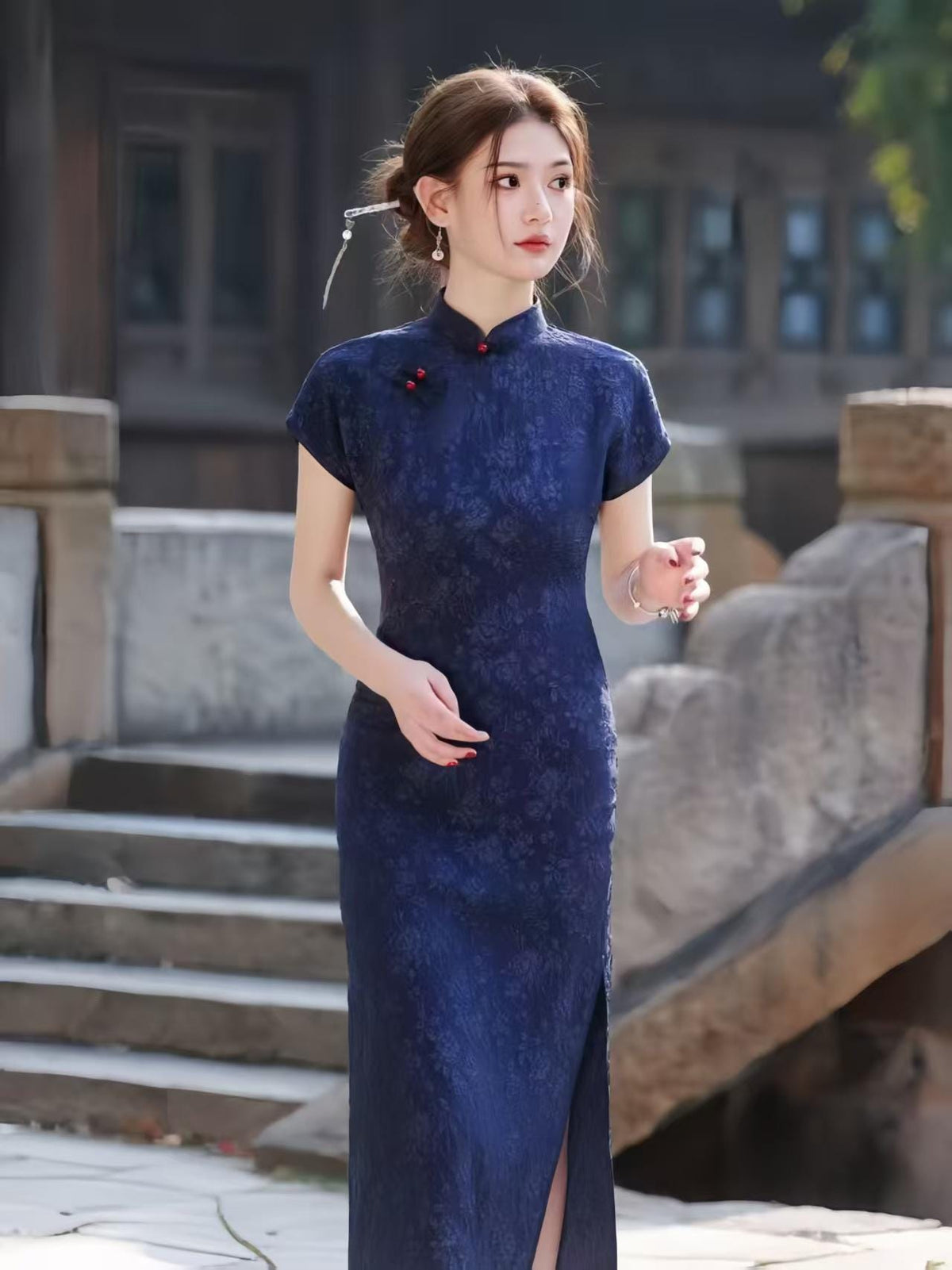 Women's Blue Elegant Qipao Cheongsam Dress – Jacquard Maxi – additional product view