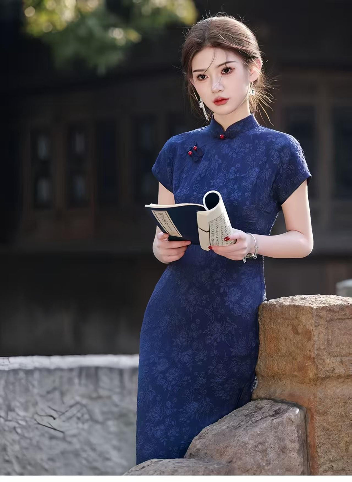 Women's Blue Elegant Qipao Cheongsam Dress – Jacquard Maxi – additional product view