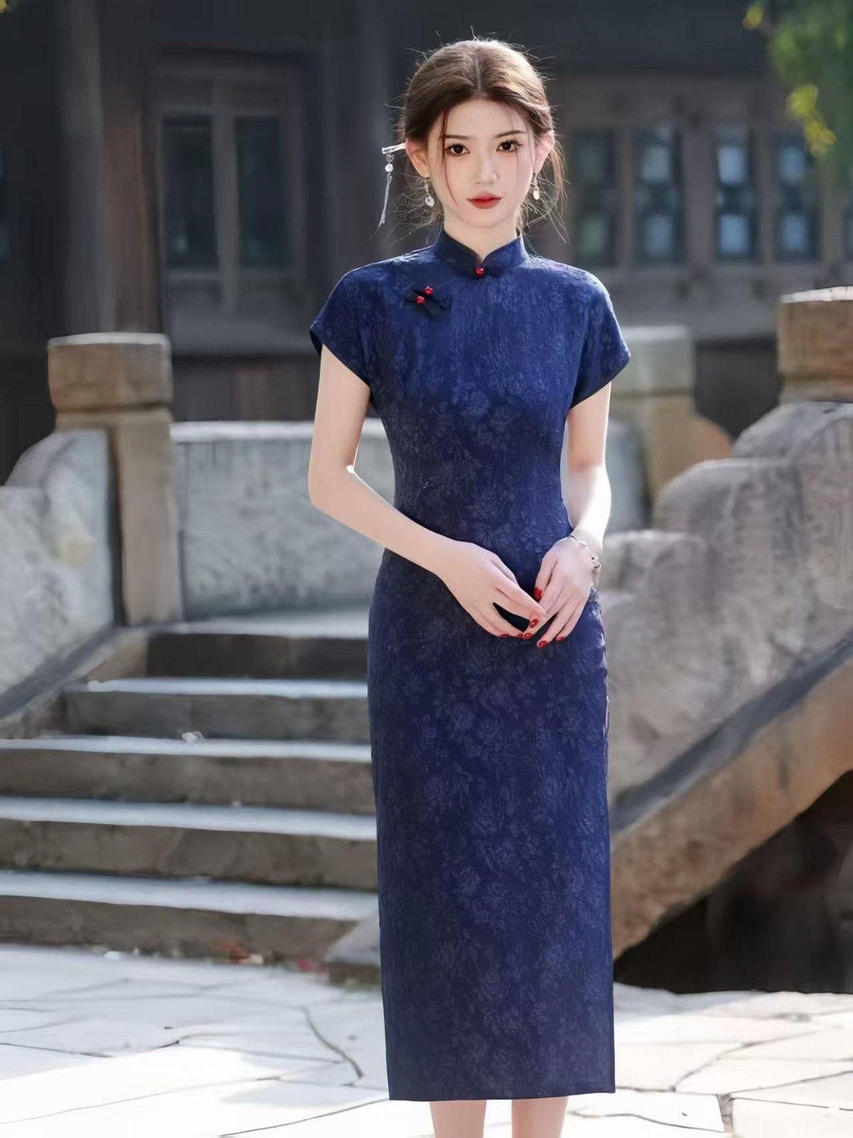 Women's Blue Elegant Qipao Cheongsam Dress – Jacquard Maxi – additional product view