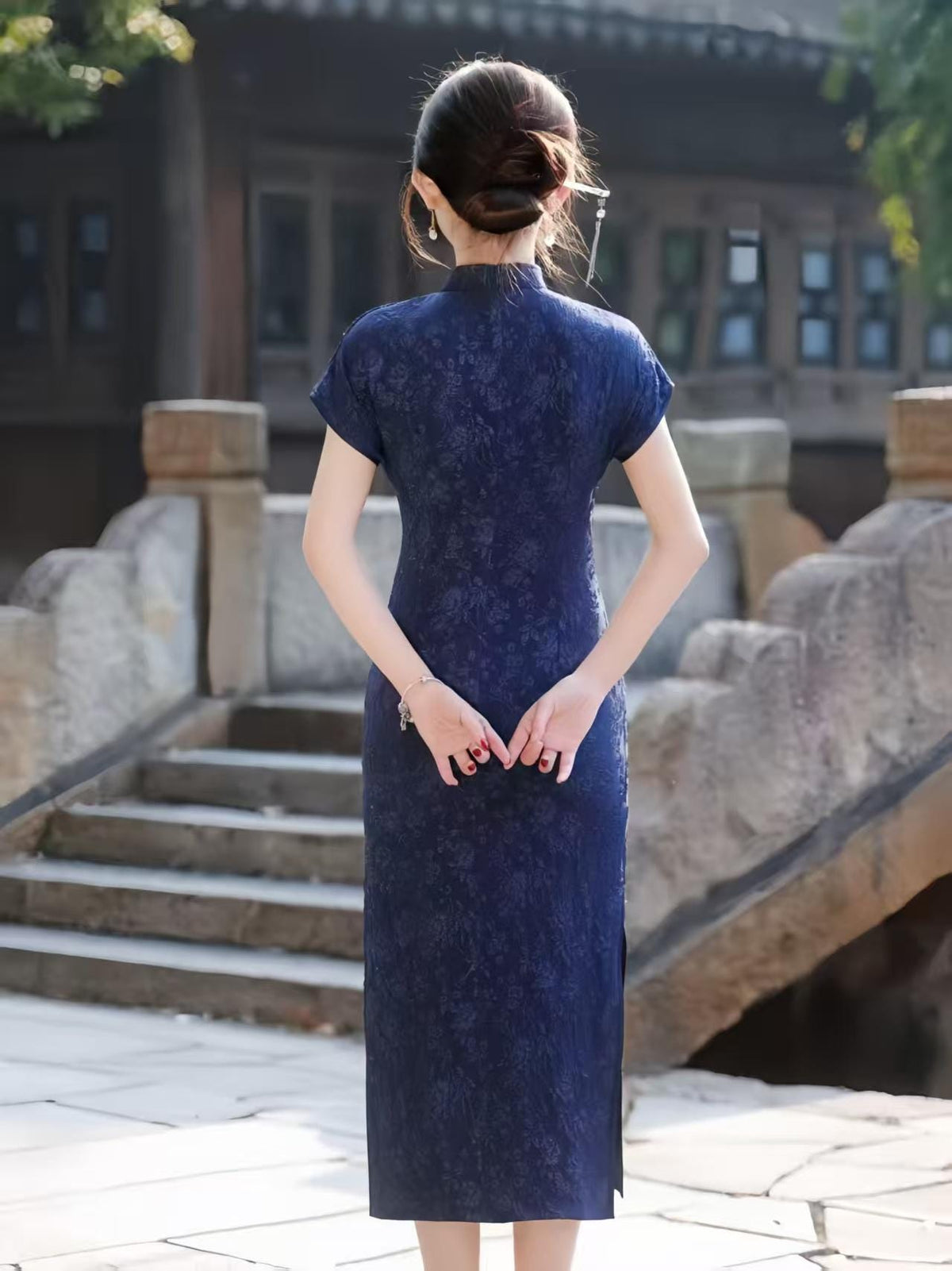 Women's Blue Elegant Qipao Cheongsam Dress – Jacquard Maxi – additional product view