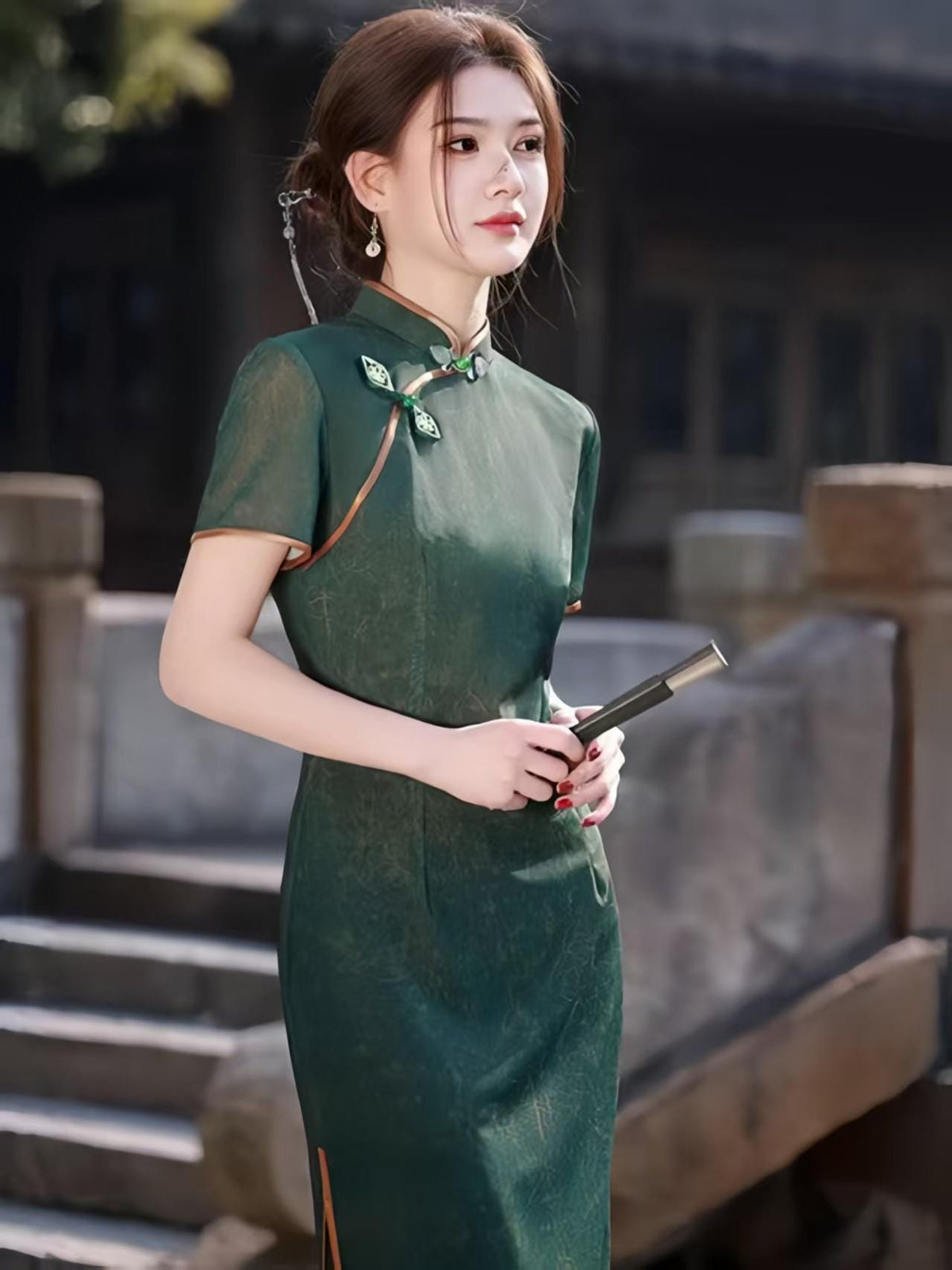 Women's Green Elegant Qipao Cheongsam Dress – Maxi Fitted – additional product view