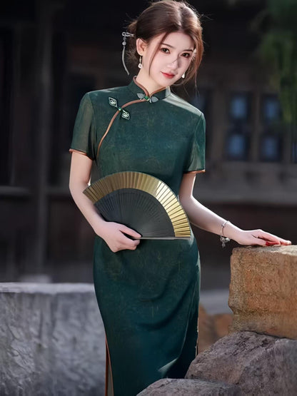 Women's Green Elegant Qipao Cheongsam Dress – Maxi Fitted – additional product view