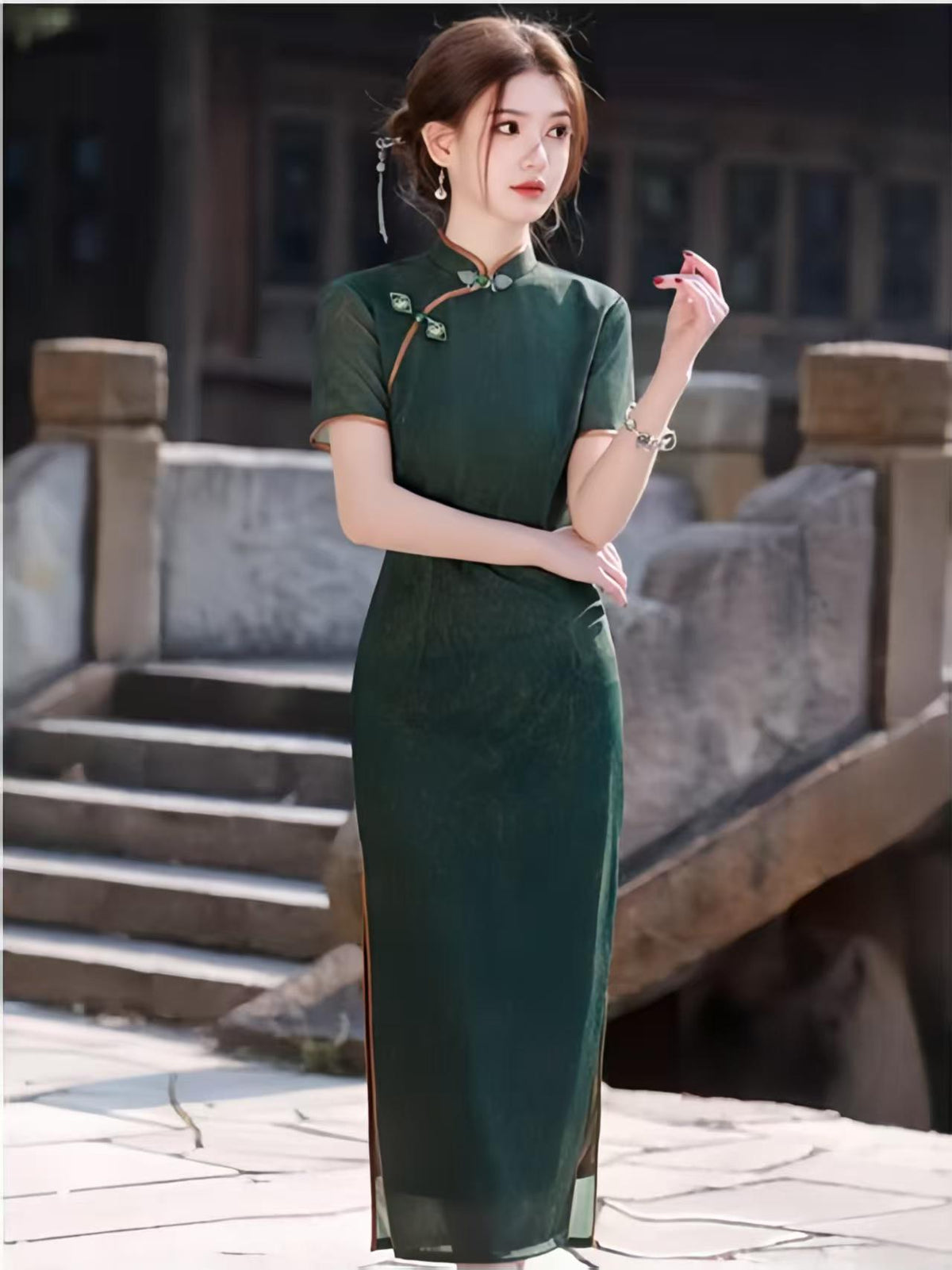 Women's Green Elegant Qipao Cheongsam Dress – Maxi Fitted – additional product view