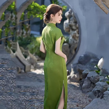 Women's Green Elegant Qipao Cheongsam Dress – Jacquard Midi Fitted – additional product view