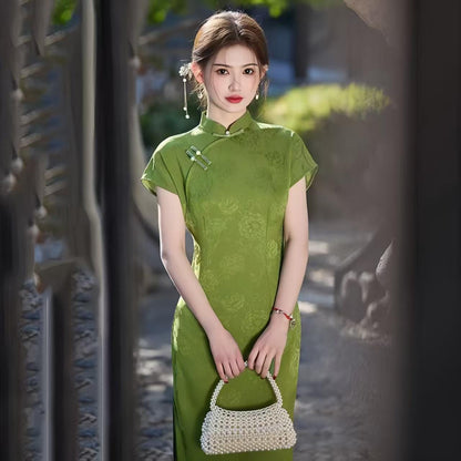 Women's Green Elegant Qipao Cheongsam Dress – Jacquard Midi Fitted – additional product view
