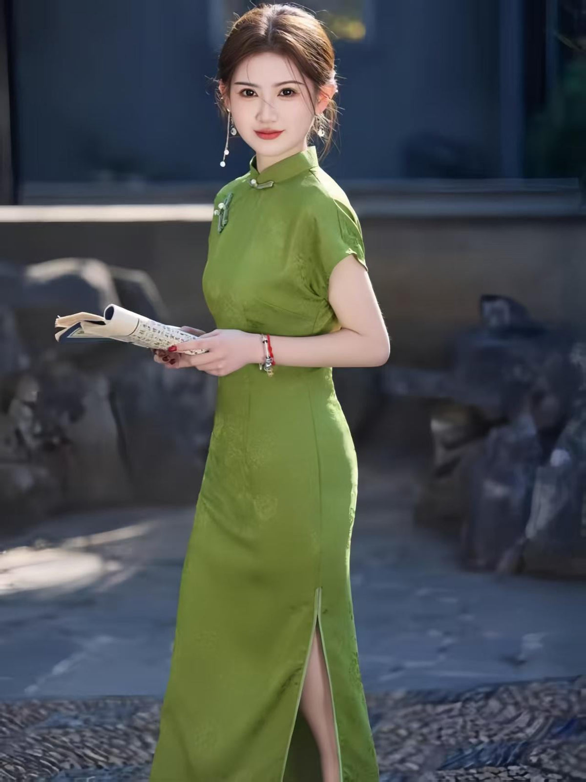 Women's Green Elegant Qipao Cheongsam Dress – Jacquard Midi Fitted – additional product view
