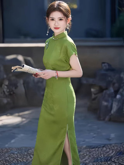 Women's Green Elegant Qipao Cheongsam Dress – Jacquard Midi Fitted – additional product view