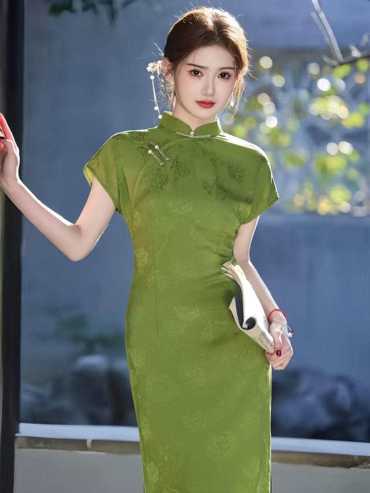 Women's Green Elegant Qipao Cheongsam Dress – Jacquard Midi Fitted